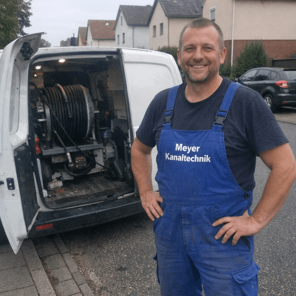 Monteur in Arbeitskleidung steht neben einem Servicewagen und bereitet Hochdruckschlauch und Werkzeugkoffer vor