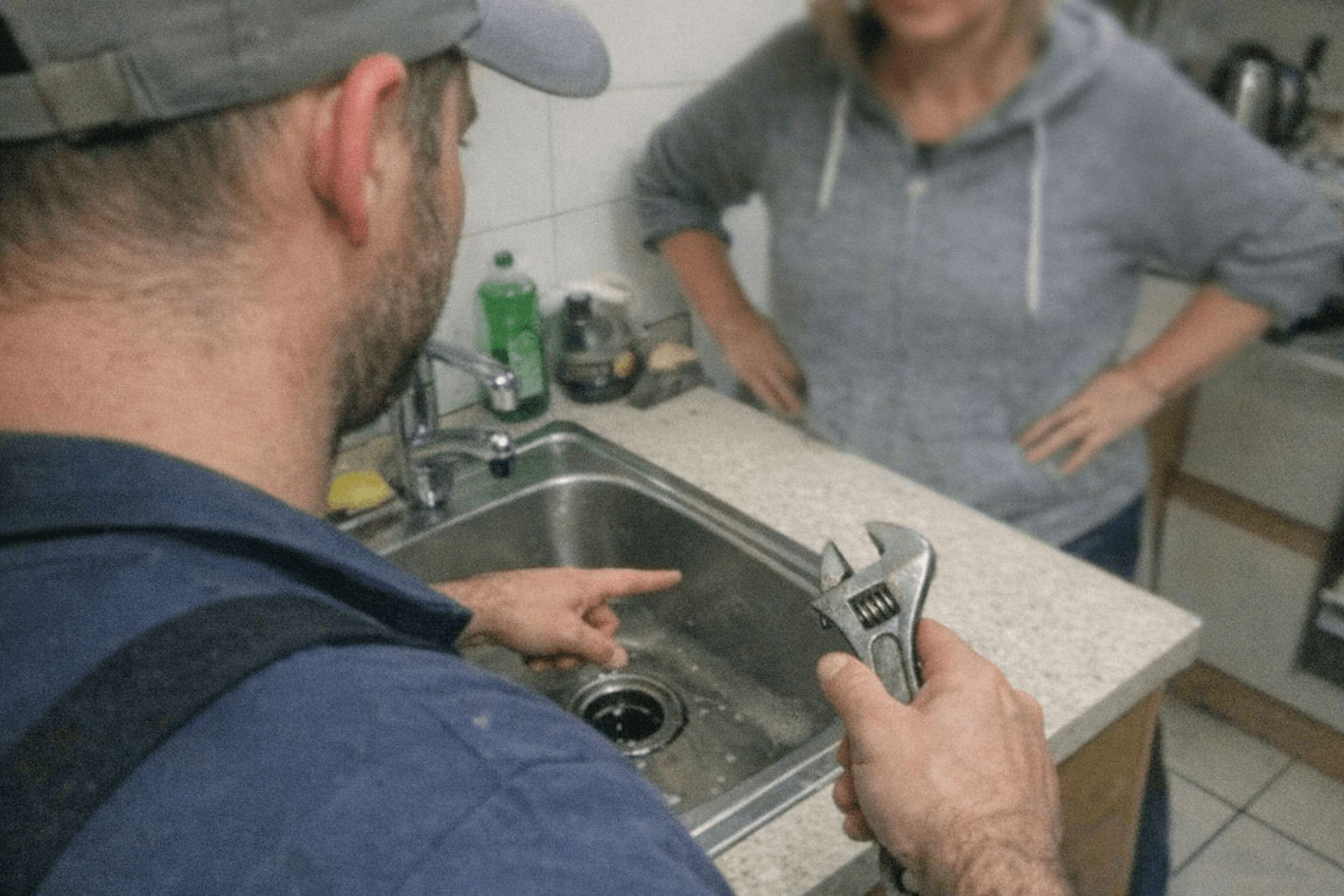 Servicetechniker zeigt einem Kunden auf einem Tablet eine Positionenliste mit Arbeitszeit und Geräteeinsatz, beide stehen neben dem geöffneten Schachtdeckel