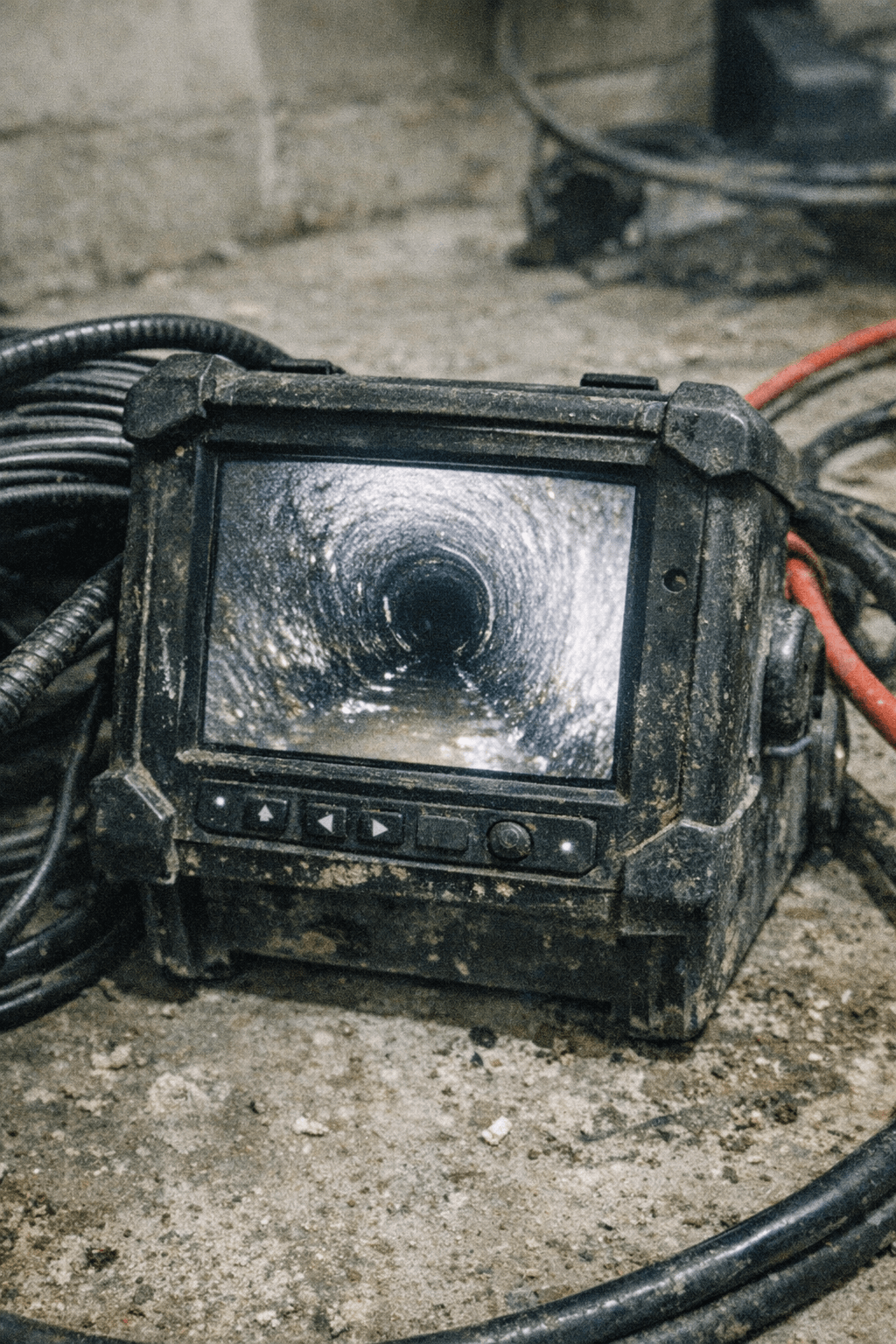 Nahaufnahme eines Monitors im Servicefahrzeug, auf dem das Livebild einer Rohrkamera mit Leitungsmarkierung zu sehen ist