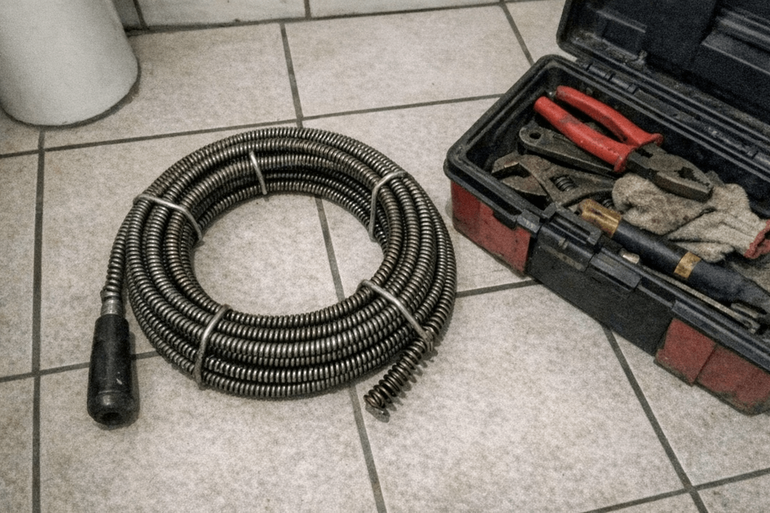 Elektrische Reinigungsspirale liegt auf einer Schutzmatte, daneben Handschuhe und verschiedene Aufsätze für unterschiedliche Rohrdurchmesser