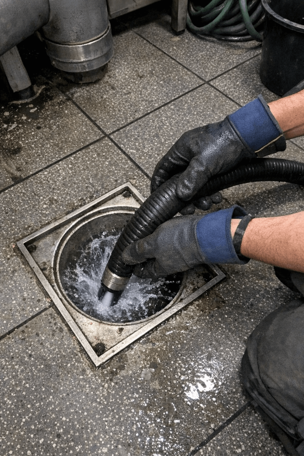 Techniker führt einen Hochdruckschlauch in einen geöffneten Revisionsschacht im Außenbereich ein, Wassernebel steigt leicht auf